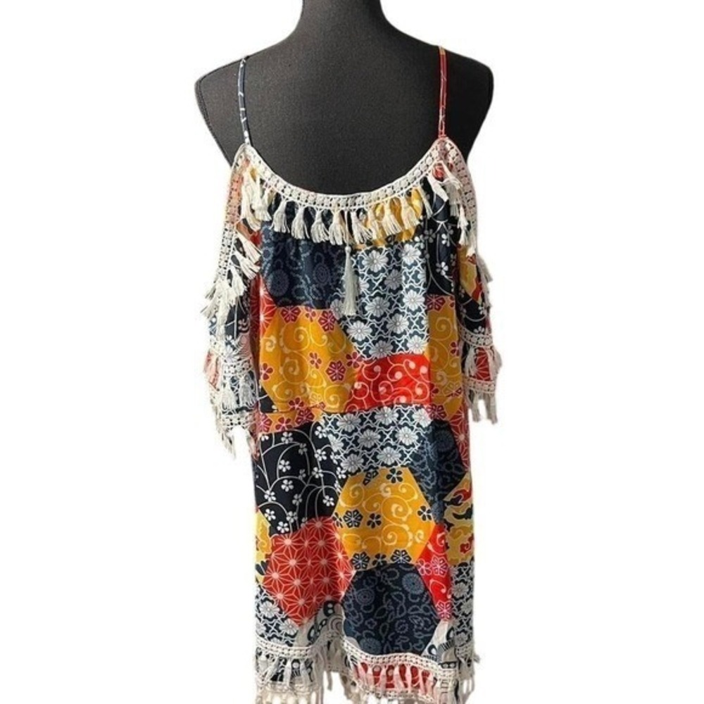 Boho patchwork off shoulder dress with fringe hem. 2XL - Picture 2 of 5